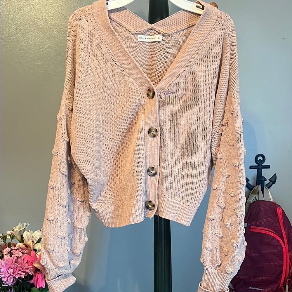 Brown Cardigan with Puff Sleeves and V-Neck